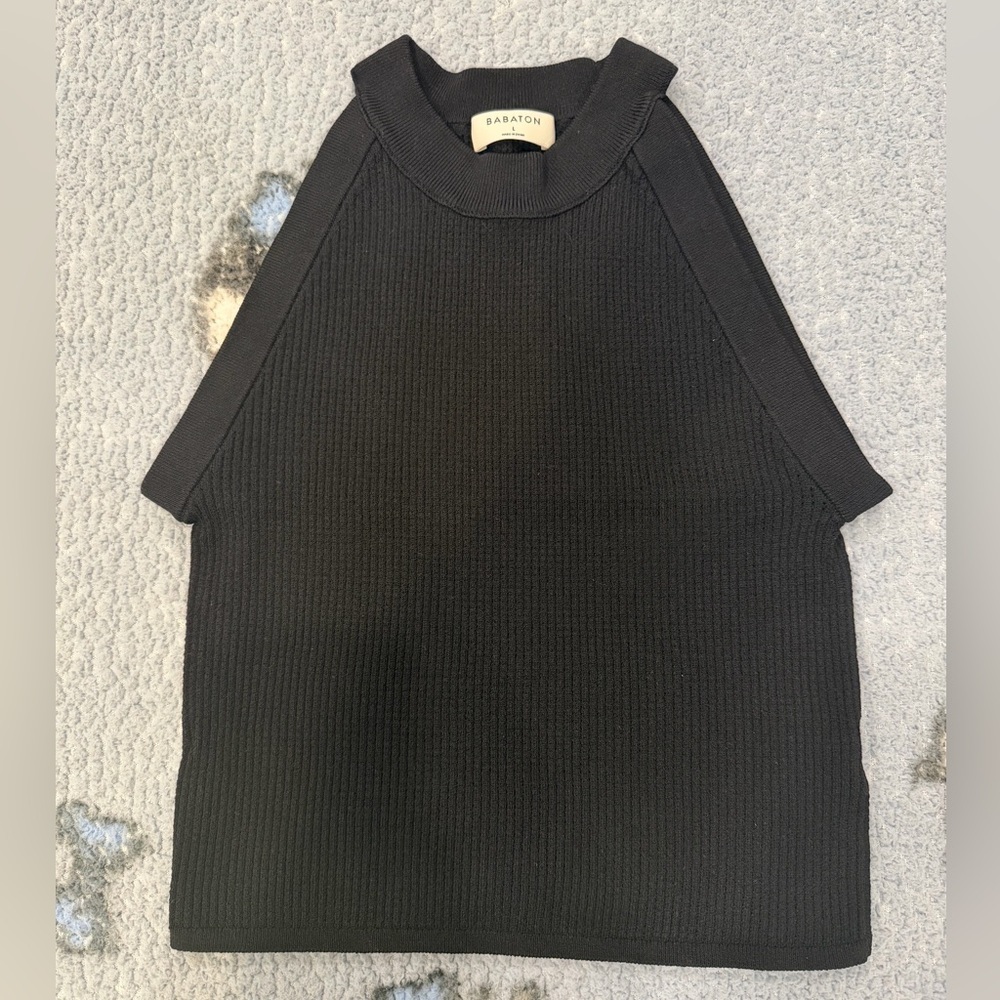 Babaton Black Ribbed Knit Top L NWOT